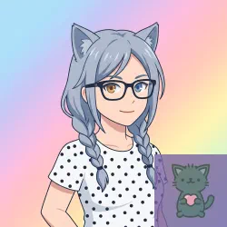 Yuna Catgirl with blue-gray colored hair, vearing white polkadot t-shirt and smart-glasses with black rimms